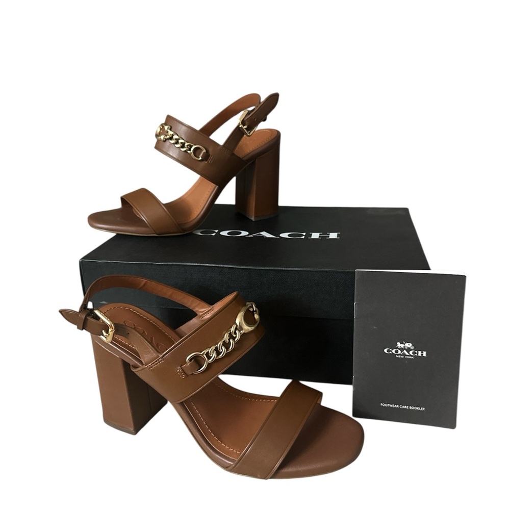 COACH MARI SANDAL Brown Heeled Sandals with Gold Chain (COACH G4248)
